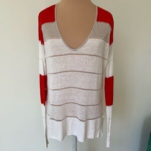 L.A.M.B. White Multi Linen Blend Long Sleeve V-Neck Light Weight Sweater Size S